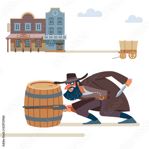 A thug with a dark beard and a snide smile with a rifle and a dagger sneaks up on the victim. The Old Wild West. Cartoon vector illustration. Flat style. Isolated on white background