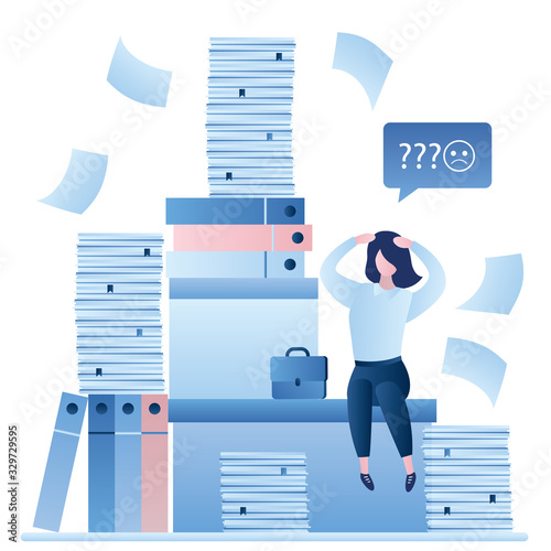 Office worker woman on workplace, overwork,paperwork. Unhappy female employee and huge heap of paper documents and folders.