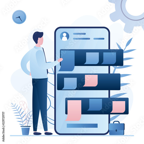 Schedule concept. Business entrepreneurship, online work planning. Flat businessman plan your work.