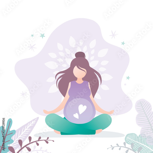 Beauty pregnant woman sitting in lotus yoga pose. Soft prenatal yoga exercises.