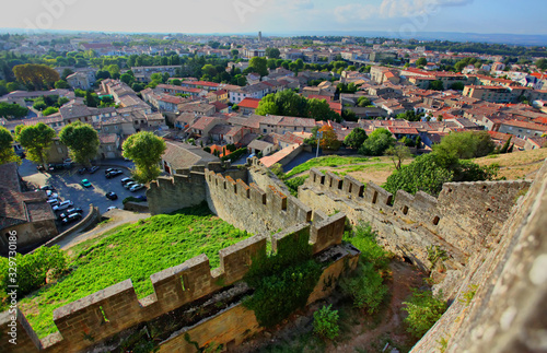 View of the area from the wall around the Carcassonne fortification castle on the UNESCO World Heritage List in France