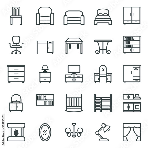 Linear web icon set of furniture. Vector illustration