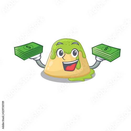 happy face pudding green tea character having money on hands