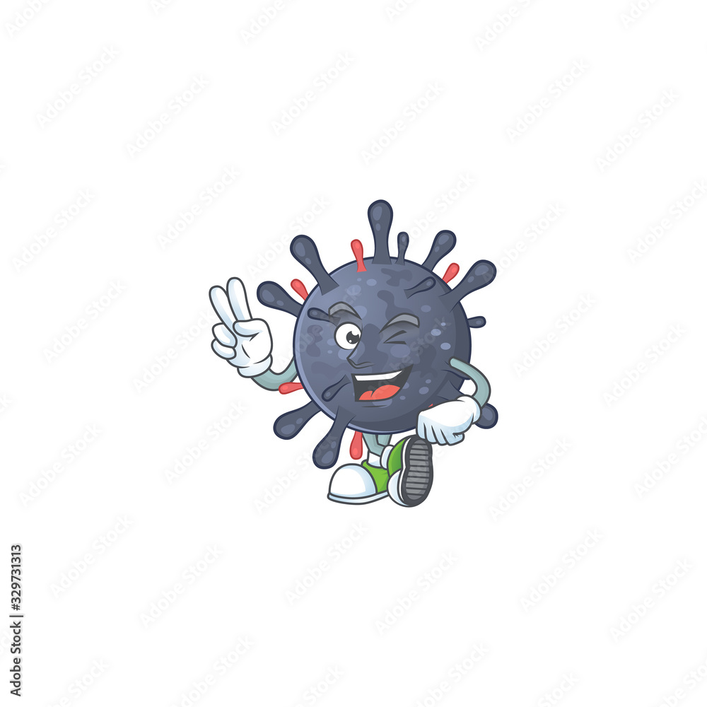 A joyful coronavirus epidemic mascot design showing his two fingers A joyful coronavirus epidemic mascot design showing his two fingers