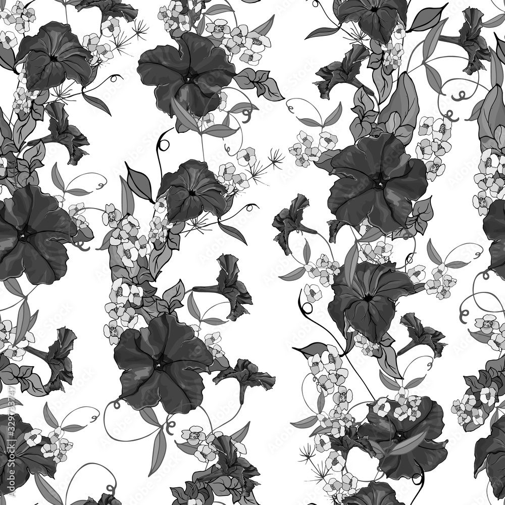 Floral seamless pattern with white and black flowers petunia and leaves ...