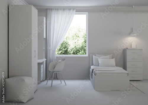 Cozy stylish bedroom designed for a teenager. Gray interior. 3D rendering.