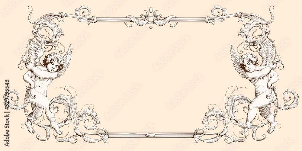 Elegant border frame with cupids for weddings, Valentine`s day and other holidays. Decorative element in the style of vintage engraving with Baroque ornament