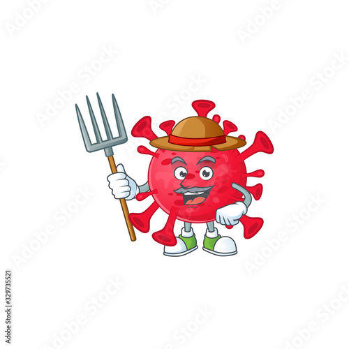 Coronavirus amoeba in Farmer mascot design with hat and pitchfork