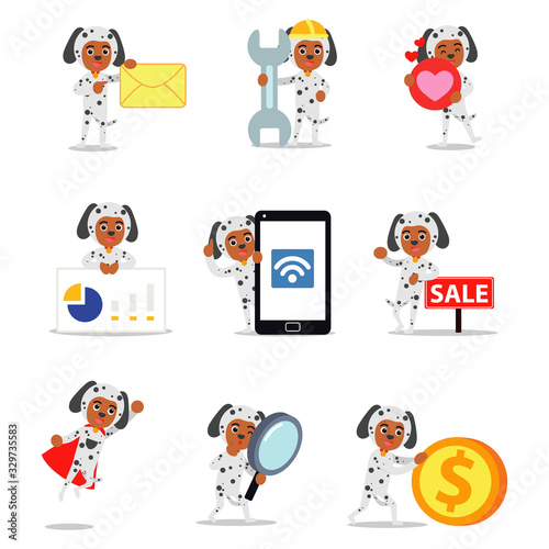 Set character of man wearing costume of Dalmatian dog with black spots and collar.