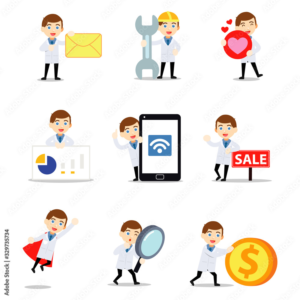 Set character of man as a drugstore employee with white lab coat. Set character of man as a drugstore employee with white lab coat.