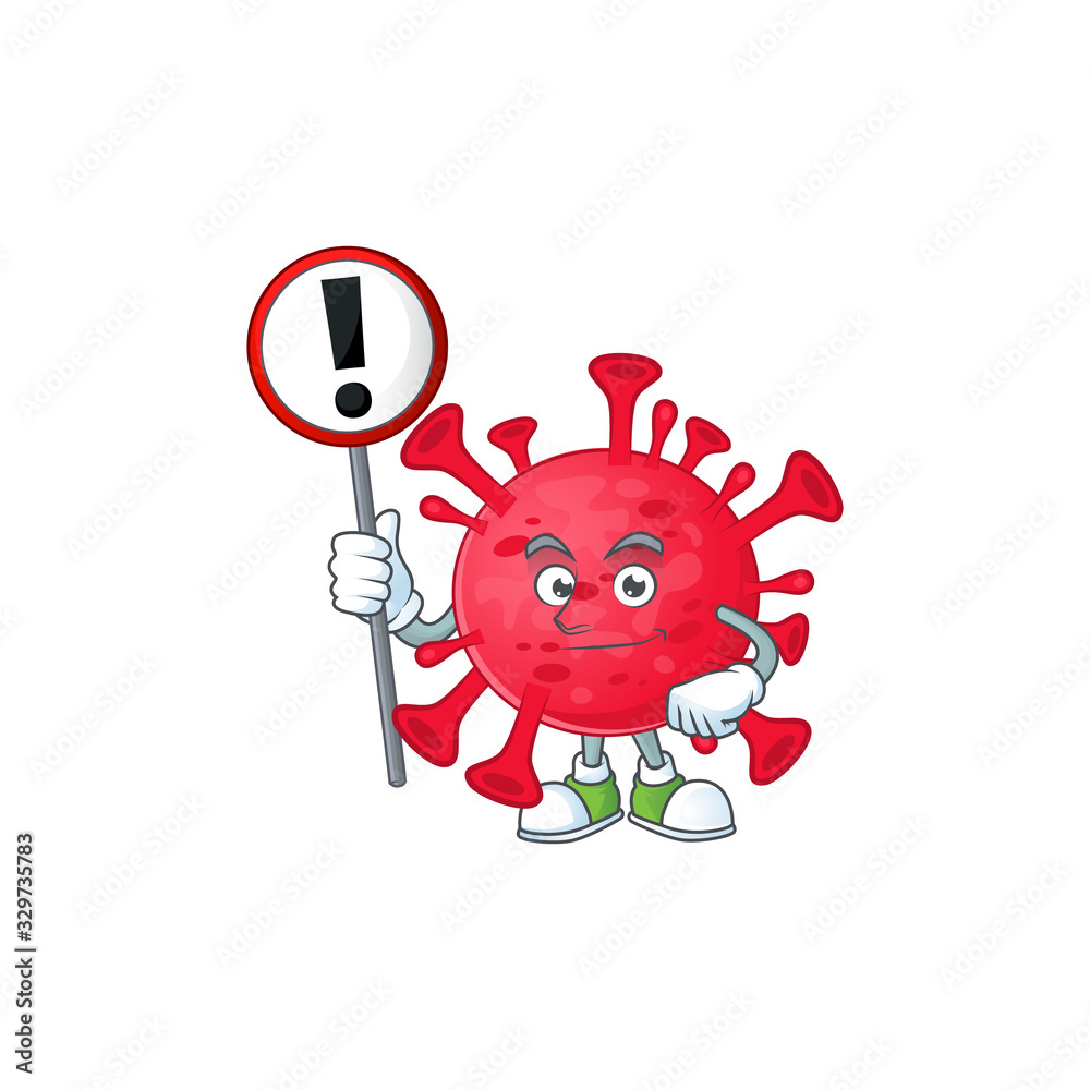 Fototapeta premium Smiling cartoon design of coronavirus amoeba with a sign