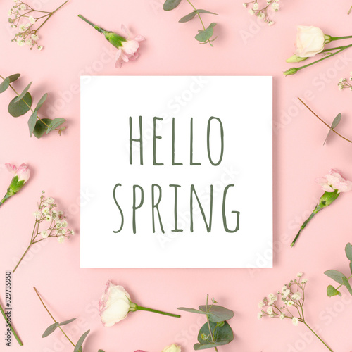 Quote Hello spring. Floral pattern on a pink background.