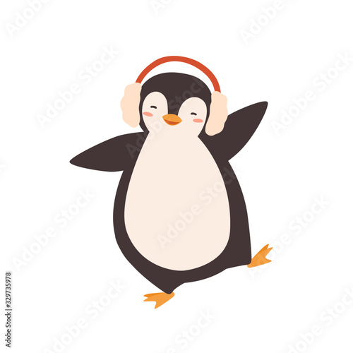 Funny dancing cartoon penguin in earmuffs vector flat illustration