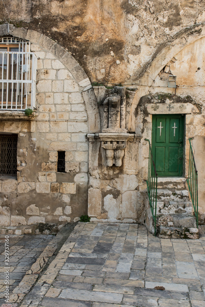 Old buildings in a Coptic part of the complex of the Basilica of the Holy Sepulchre in Jerusalem