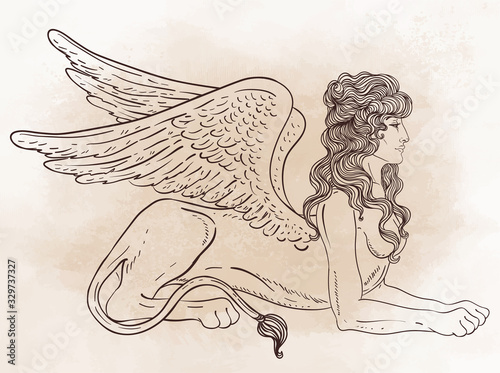 Sphinx, mythical creature with head of human, body of lion and wings. Victorian motif, tattoo design element. Vintage logo concept art. Isolated vector illustration in line art style..