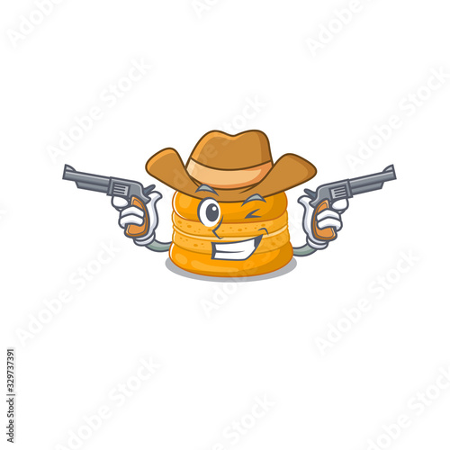 Funny orange macaron as a cowboy cartoon character holding guns
