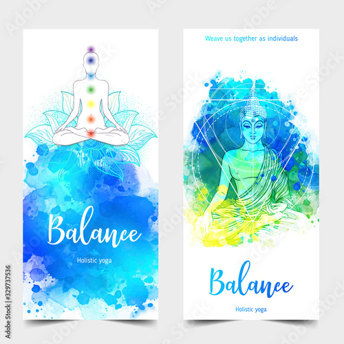 Stretch and Strength. Yoga card design. Colorful template for spiritual retreat or yoga studio. Ornamental business cards, oriental pattern. Vector illustration.