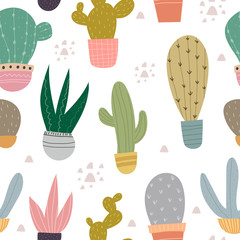 Keuken achterwand Planten in pot patronen Cartoon cactussen patroon in pastel  © Ann1988