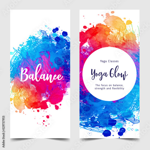 Stretch and Strength. Yoga card design. Colorful template for spiritual retreat or yoga studio. Ornamental business cards, oriental pattern. Vector illustration.