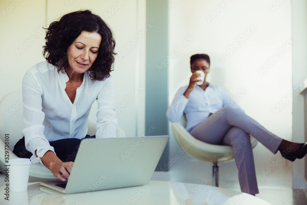 Obraz premium Excited business lady working in office lobby during coffee break. Business woman sitting in armchair and using laptop. Wireless technology concept