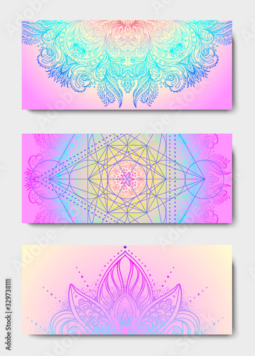 Yoga mat design set. Colorful template for spiritual retreat or yoga studio. Indian floral paisley pattern. Vector illustration. Ethnic Mandala towel. Vector Henna tattoo style.
