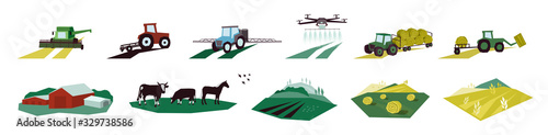 Set of agriculture objects. Icons with irrigation tractor, farm animals, combine harvester, drone. Vector illustrations of machinery, farming, livestock with cow, hayfield, cultivated and plowed land.