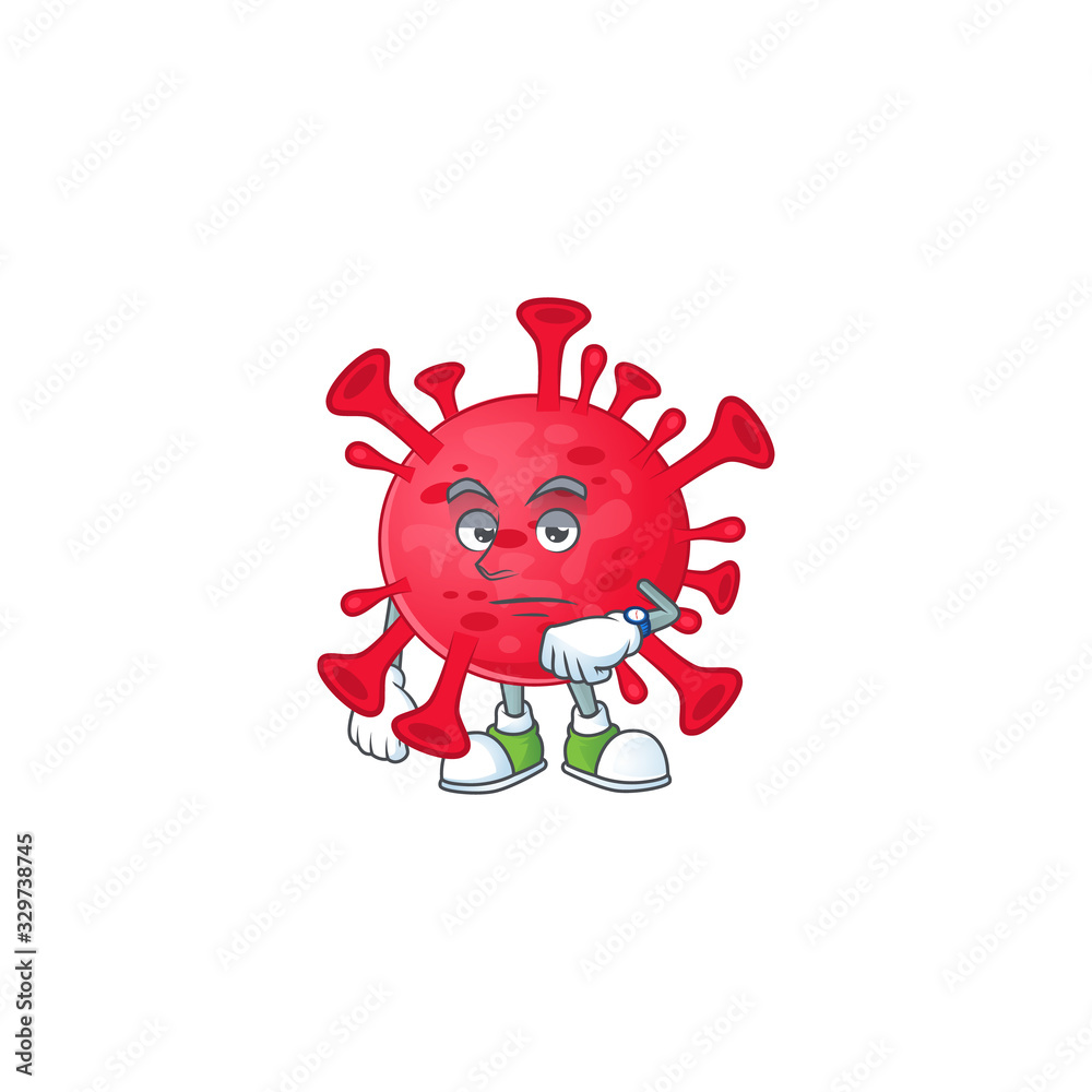 A cartoon icon of coronavirus amoeba with waiting gesture A cartoon icon of coronavirus amoeba with waiting gesture