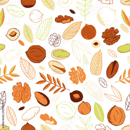 Seamless pattern with walnuts, pistachios with hazelnuts and leaves on an white background. Doodles. Whole nuts, peeled and unpeeled.