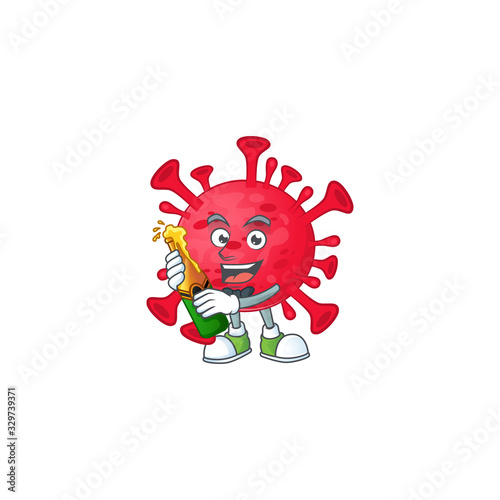 mascot cartoon design of coronavirus amoeba with bottle of beer