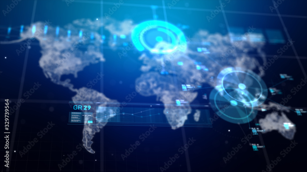 Obraz premium Abstract background world map and statistic graph, for technology and business concept, shallow depth of field effect, with copy space