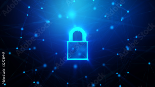 3D Padlock with connection line, with lighting shallow depth of field and glitter effect, against 0 1 binary digital number abstract background
