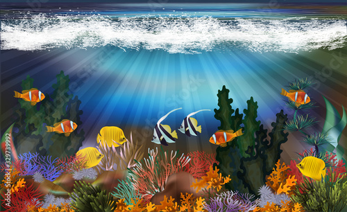 Underwater landscape with tropical fish wallpaper, vector illustration