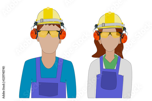 Set construction workers isolated on white background. Color construction people team pictogram, logo or symbol. Builders with overalls, helmet, safety headphones and glasses.Stock vector illustration