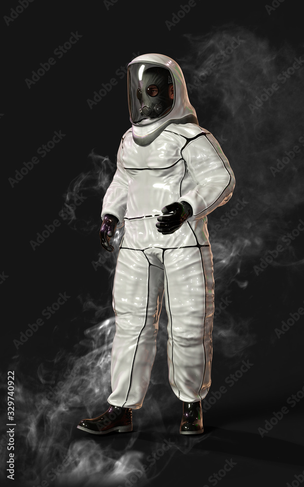 3d illustration concept. Man in virus protective biohazard suit and mask stopping coronavirus spread. Pathogen novel flu coronavirus COVID-19 global pandemic outbreak crisis with clipping path.
