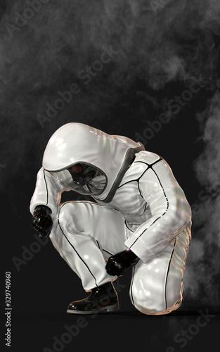 3d illustration concept. Man in virus protective biohazard suit and mask stopping coronavirus spread. Pathogen novel flu coronavirus COVID-19 global pandemic outbreak crisis with clipping path.