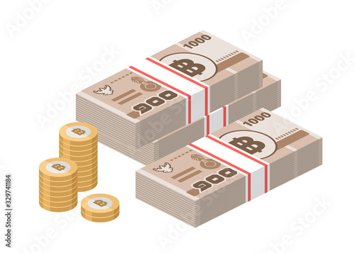 Fototapeta Isometric stacks of 1000 Thai baht banknotes and coins