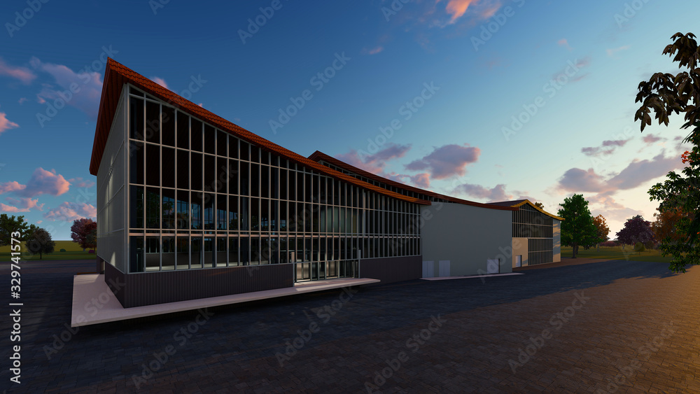 Fototapeta premium 3D project of multistorey business center. Summer evening.
