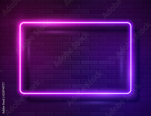 Neon Glowing Rectangle Frame for Banner on Dark Empty Grunge Brick Background