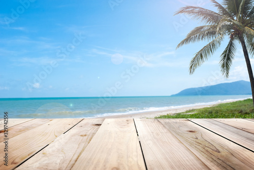 Wooden floors and ocean backdrop Suitable for a beach use. The beauty of nature 