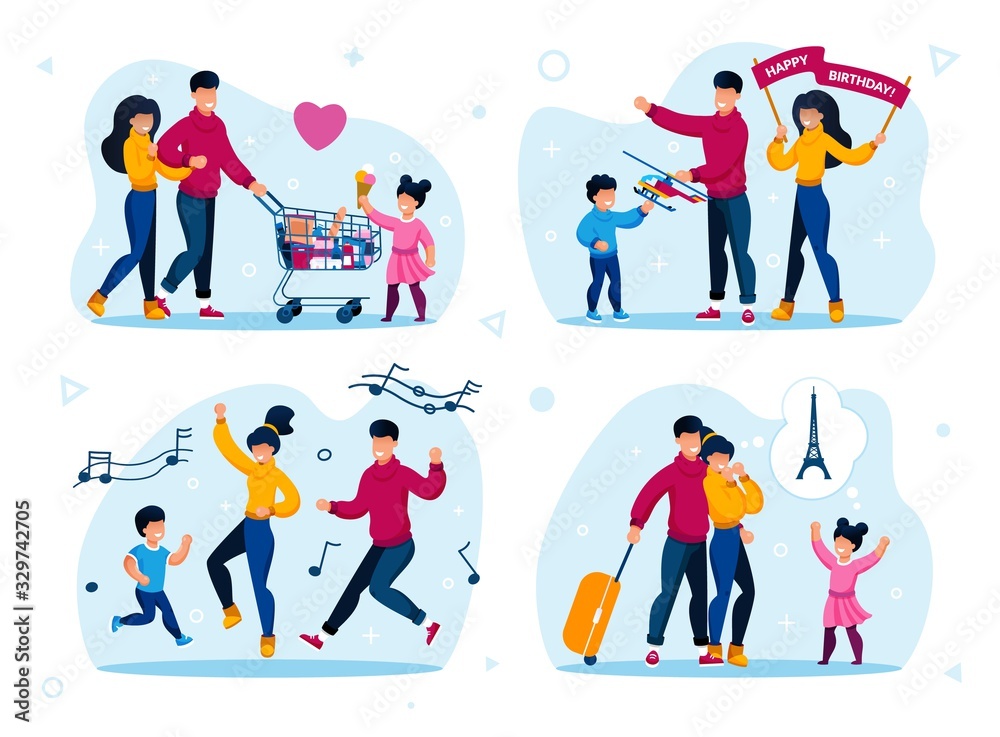 Family Leisure and Holiday Party Trendy Flat Vector Concept Set. Parents with Child Shopping in Supermarket, Celebrating Sons Birthday, Happy Dancing Together, Going on Vacation Journey Illustrations