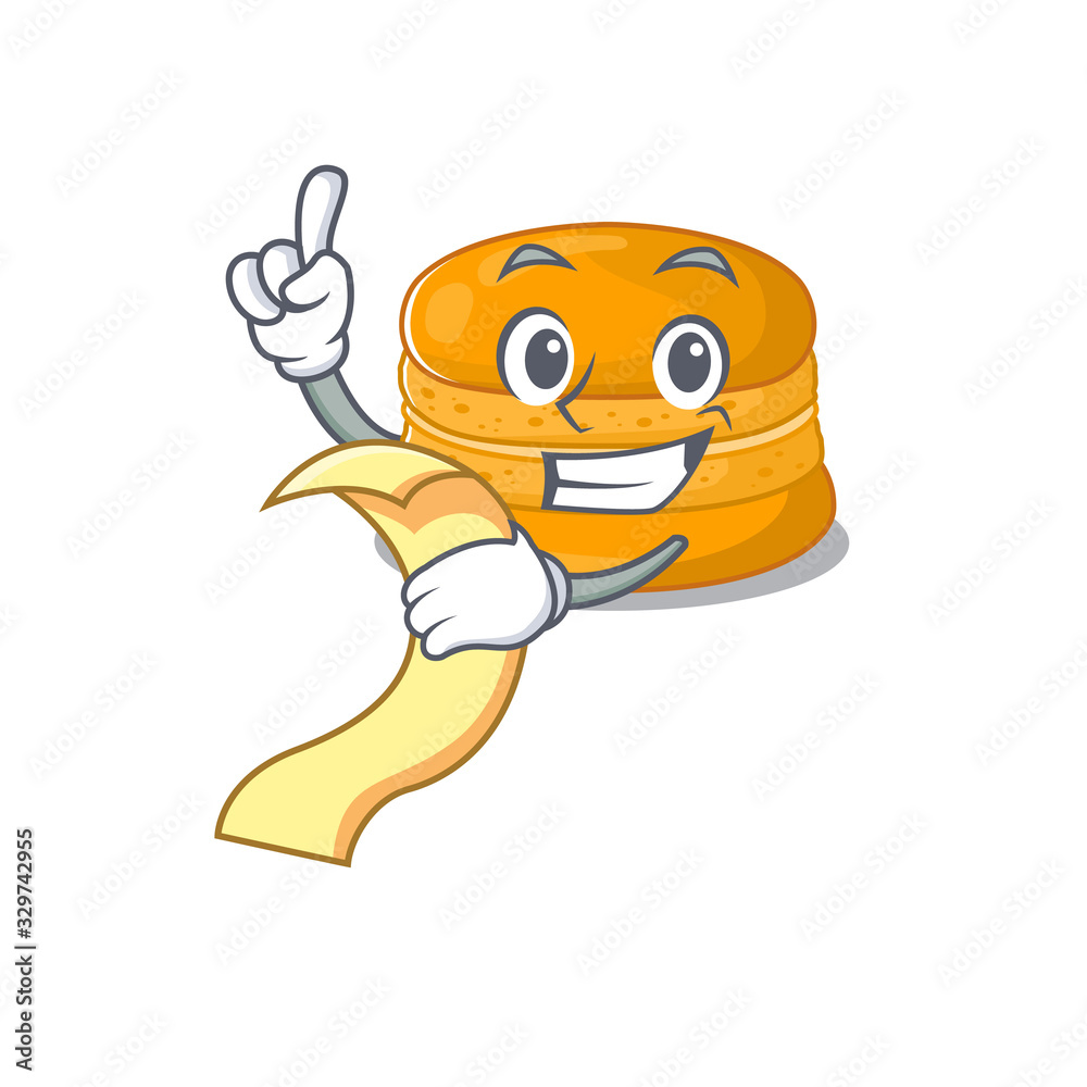 Fototapeta cartoon character of orange macaron holding menu ready to serve
