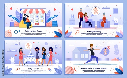 Fototapeta Naklejka Na Ścianę i Meble -  Active Pregnancy, Pregnant Woman Family Support, Baby Shower, Trendy Flat Vector Banner, Poster Set. Lady Buying Goods Online, Meets with Relatives, Having Fun on Party, Doing Exercises Illustration