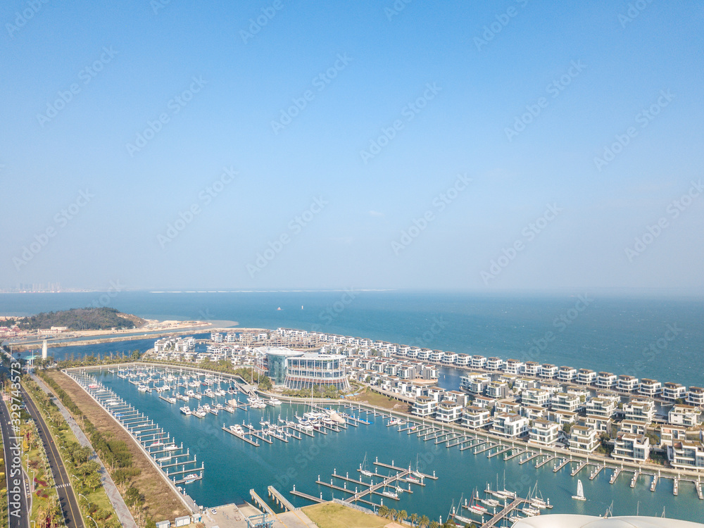 Aerial view of the Yacht Terminal, Xiamen Xiangshan Yacht Club in Xiamen city, Fujian Province, China
