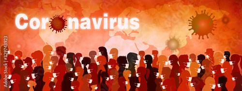 Coronavirus epidemic and pandemic banner. Group people diversity wearing medical masks. Crowd of people planning themselves from viral or bacteriological infection. Contagion. Prevention