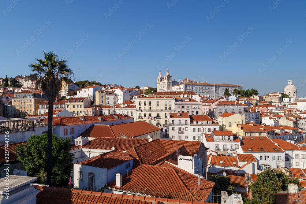 Church of Sao Vicente of Fora (Igreja de Sao Vicente de Fora) and old buildings in Alfama and Graca districts in Lisbon, Portugal.