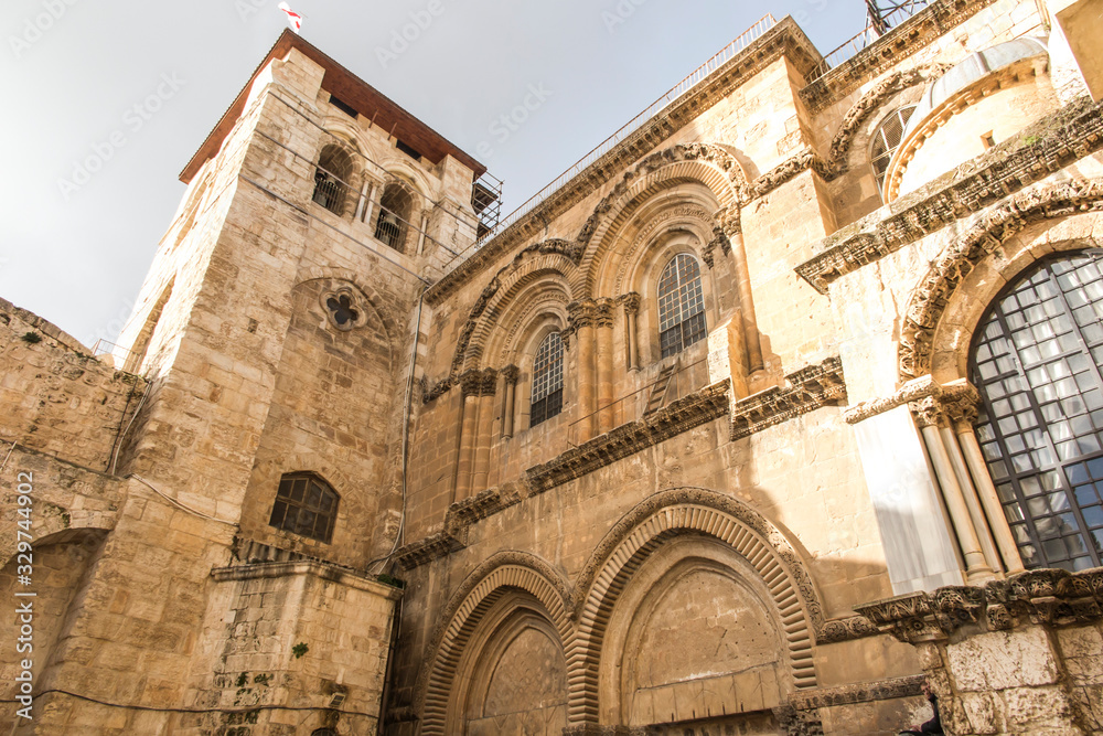 Facade of the Basilica of the Holy Sepulcher in Jerusalem,  with a ladder immobilized years ago, which should not be taken.