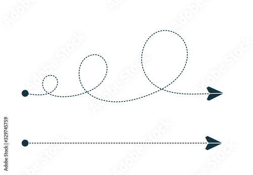 Paper plane flying along the dotted path.
