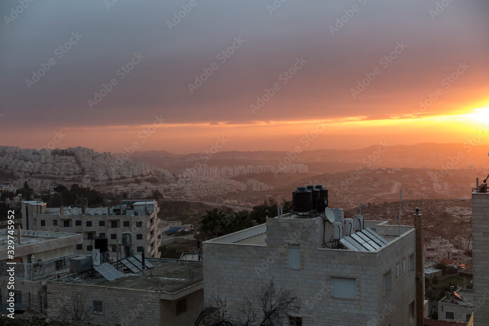 view of sunrise over the new part of Bethlehem,