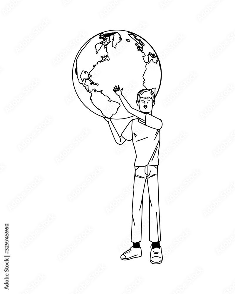 young man avatar lifting world planet character young man avatar lifting world planet character