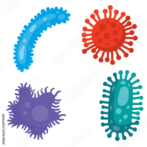 Different Kinds of Viruses. Bacteria Biology Organisms . Virus Infection Ebola Epidemic Sick. Medical Genetics Bacteriological Microorganism. Flat Vector Illustration,